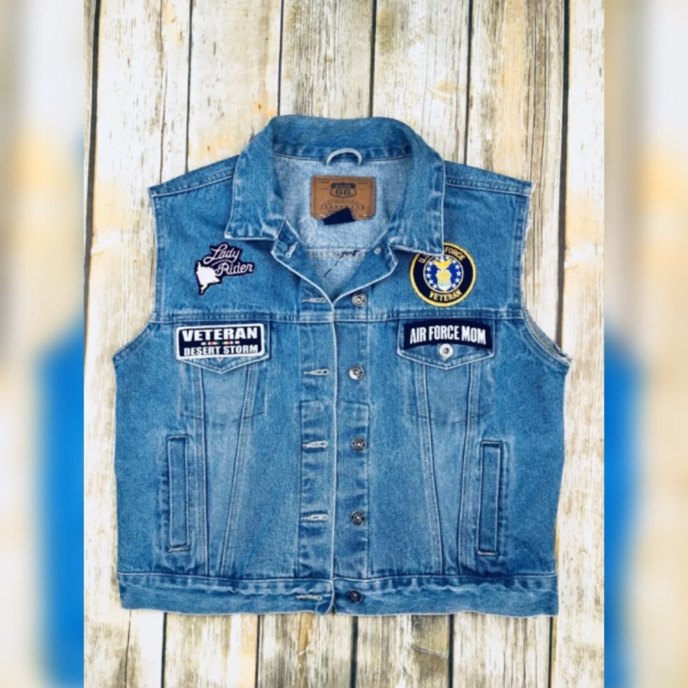 Denim Jean cutoff vest air force Harley patches M
